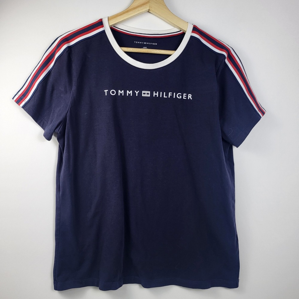 Tommy Hilfiger T-Shirt Striped Trim Crew Neck Tee Top Comfy Casual Large blue‎
